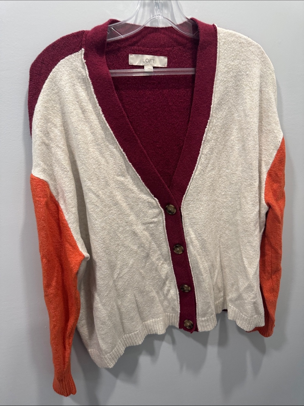 LOFT Colorblock V-Neck Cardigan in Cream, Burgundy & Orange